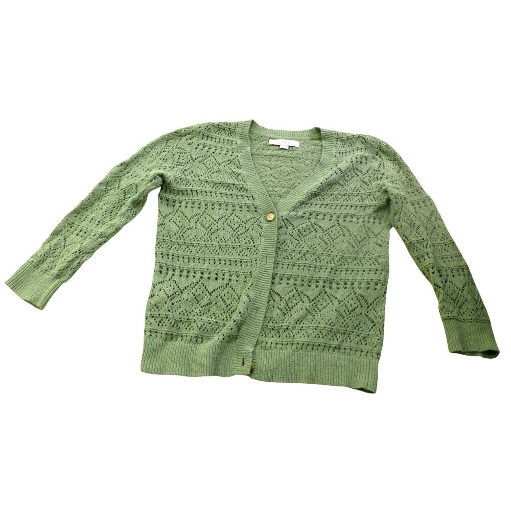 Loft Open-Work Knit V-neckline Crochet Green Cardigan Med‎
